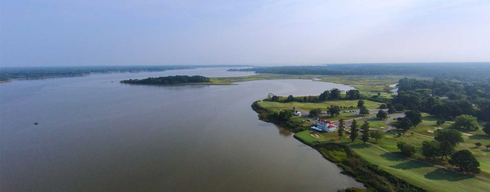 Aerial photo of the Obici House on the Nansemond River in Suffolk, Virginia