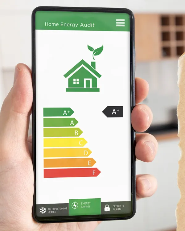 Person holding a mobile phone showing a green home and arrows for energy consumption